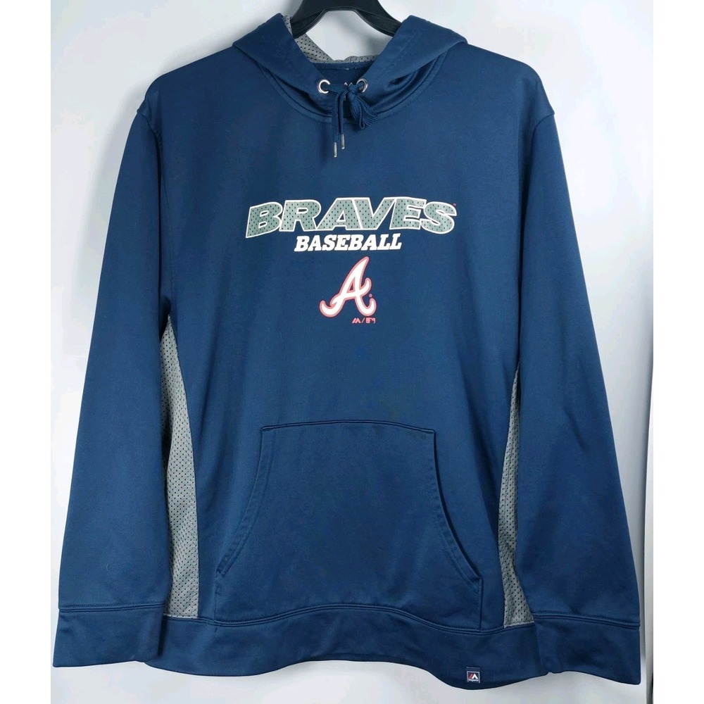 Majestic Atlanta Braves Hoodie Mens XL Blue‎ Sweatshirt MLB Lightweight Baseball